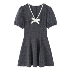 Spring Vintage Puff Sleeve Bow V Neck A-line Mini Dresses High Street Vestidos