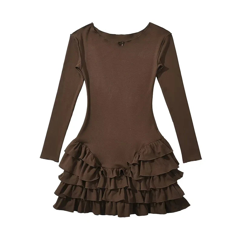 Y2k Long Sleeve O Neck Ruffle Dresses Spring Basics Vestidos Mujer Spicy Girl Style Sexy Mini Dress