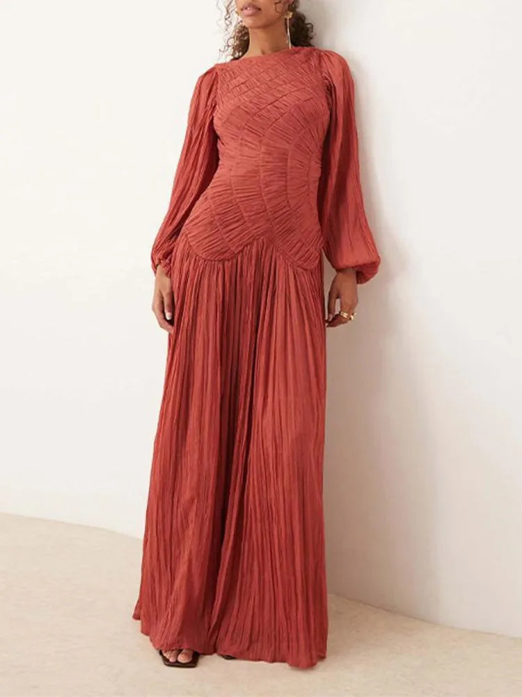 Autumn Summer Pleated Pullover Elegant Ruched Waist Glass Sand Long Sleeve Dress