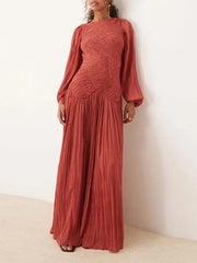 Autumn Summer Pleated Pullover Elegant Ruched Waist Glass Sand Long Sleeve Dress