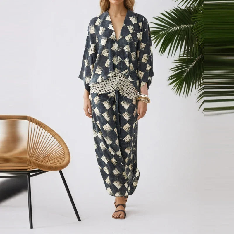 Ladies Sexy Deep V Bohemian Long Dresses Vintage Geometric Print Loose Robe Dresses