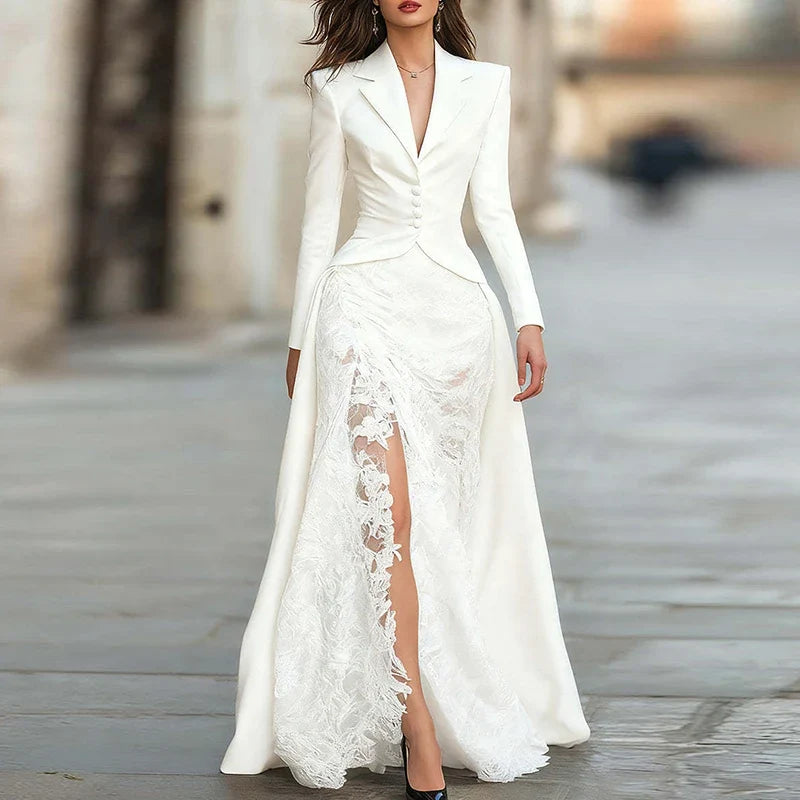 Lace Patchwork Slim Fit Party Suit Elegant Solid Formal Occasion Outfit Autumn Lapel Button Top and Skirt Two Piece Set