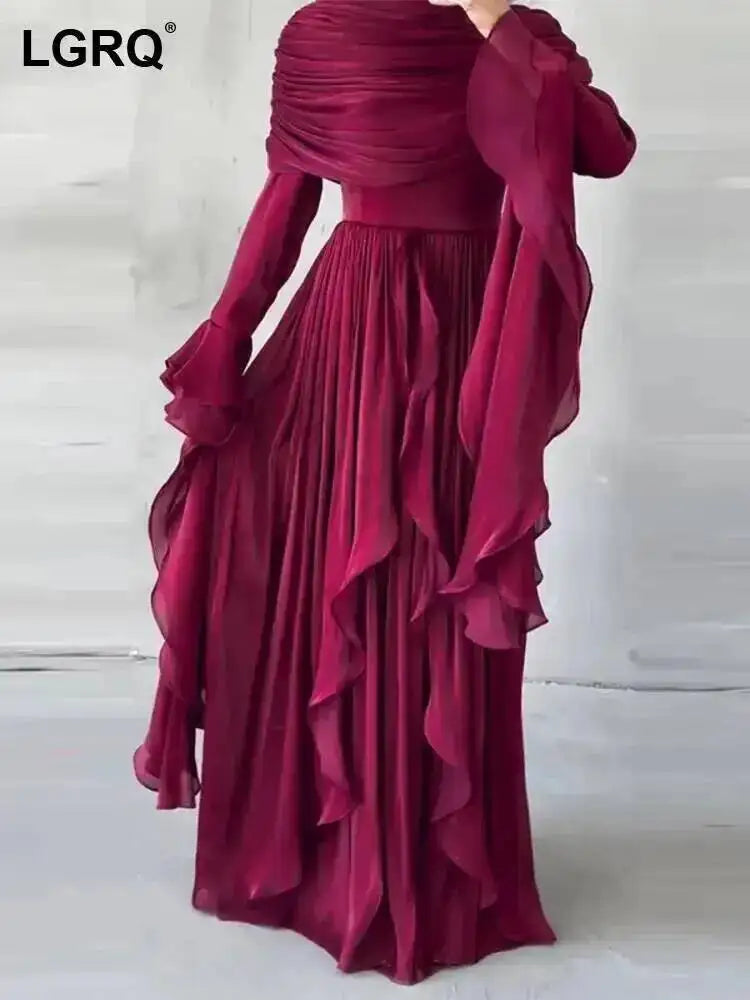 Autumn Wine Color Clothing Irregular Pleated Ruffled Elegant Long Dresses