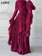 Autumn Wine Color Clothing Irregular Pleated Ruffled Elegant Long Dresses