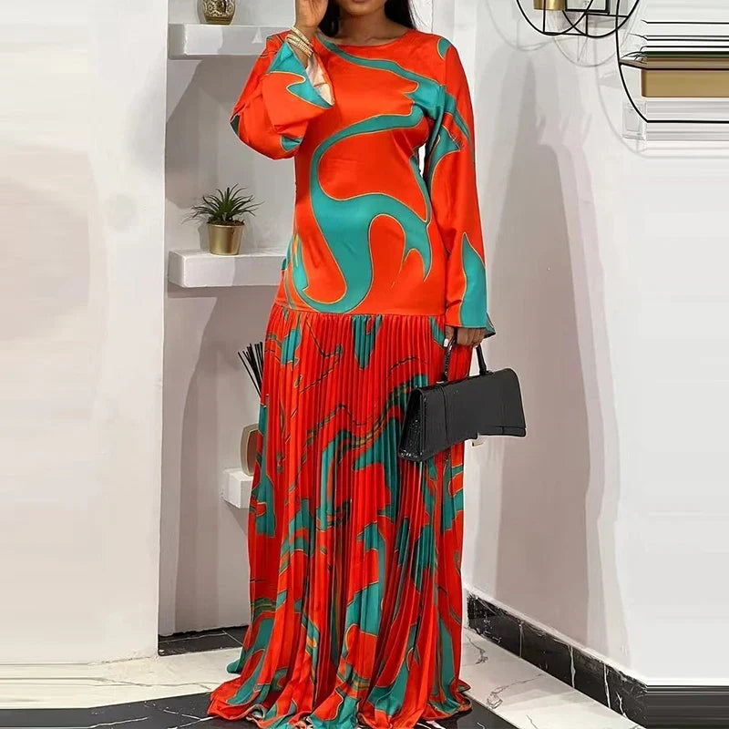 Casual Long Sleeved O-neck Dresses Vintage Pattern Printed Pleated Holiday Dresses