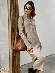 Elegant Half Zip Stand Collar Long Sleeve Knit Dresses