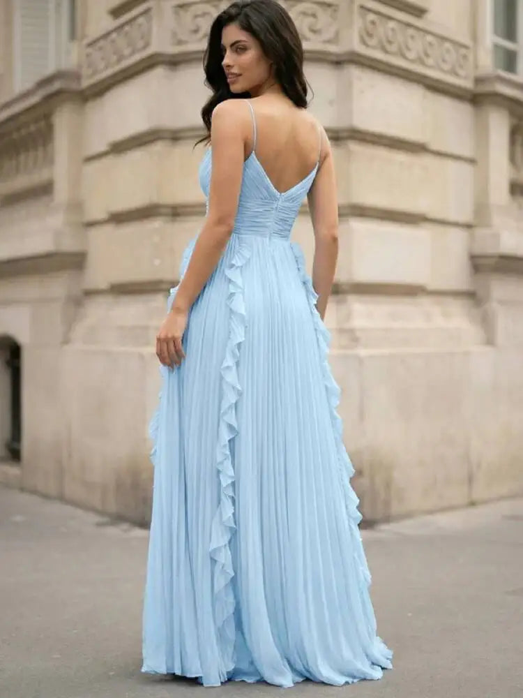 Temperament V-neck Sleeveless Pleated Waist Cinching Patchwork Dresses