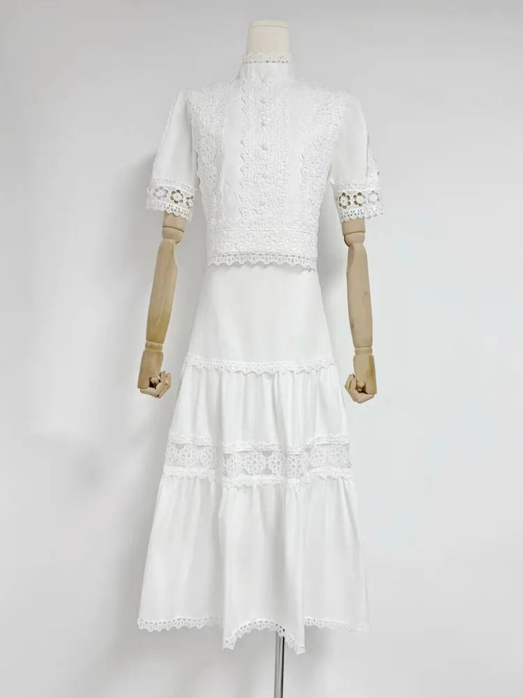 turtleneck short sleeves lace patchwork hollow out slim high waist A-line pullover Dresses