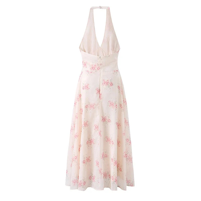 Summer Floral Print Halter Midi Dresses