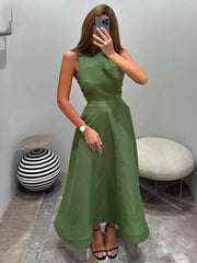 Summer Slim Fit Sleeveless High Waist Green Color Long Dresses