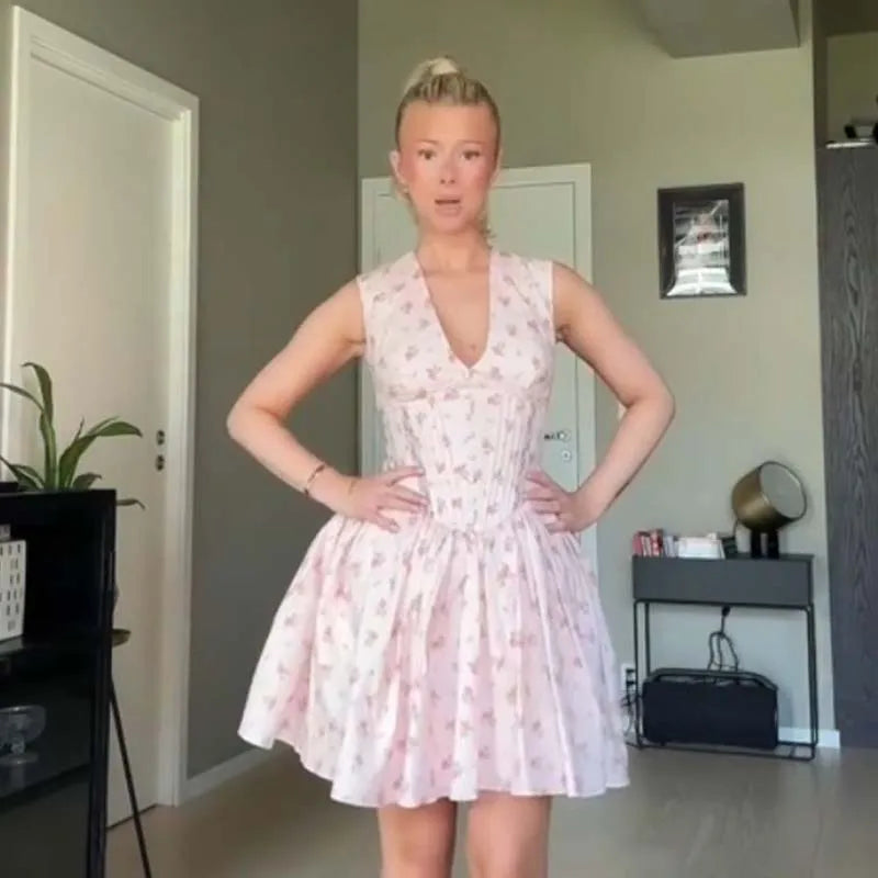 Sweet Pink Floral Print Tank Mini Dresses
