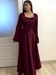 Elegant Square Collar Long Sleeved Bandage Waist Studded Diamond Dresses
