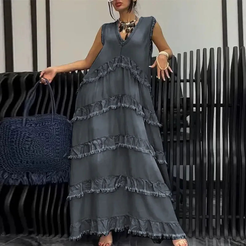 Solid Color V-neck Frayed Edge Patchwork Denim Dresses