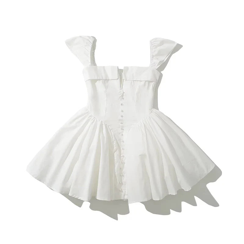 Summer Sexy Fit And Flare White Mini Dresses Short Sleeve Low Waist Elegant Party Dresses