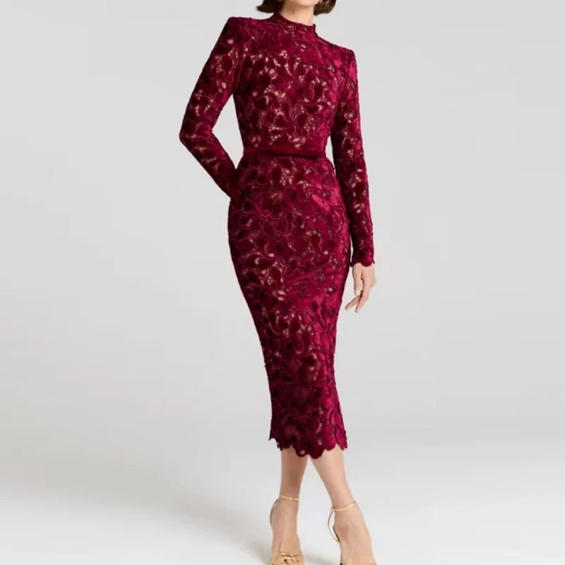 Jacquard Wrap Hip A-line Dresses Ladies O-neck Long Sleeved Slim Fit Party Dresses
