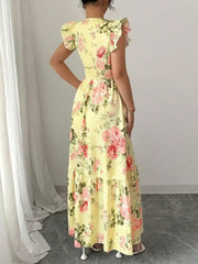 Spring Summer Boho Maxi Dress, Pink Yellow Floral Print V Neck Cap Sleeve Elegant Vacation Resort Holiday Outdoor Clothing