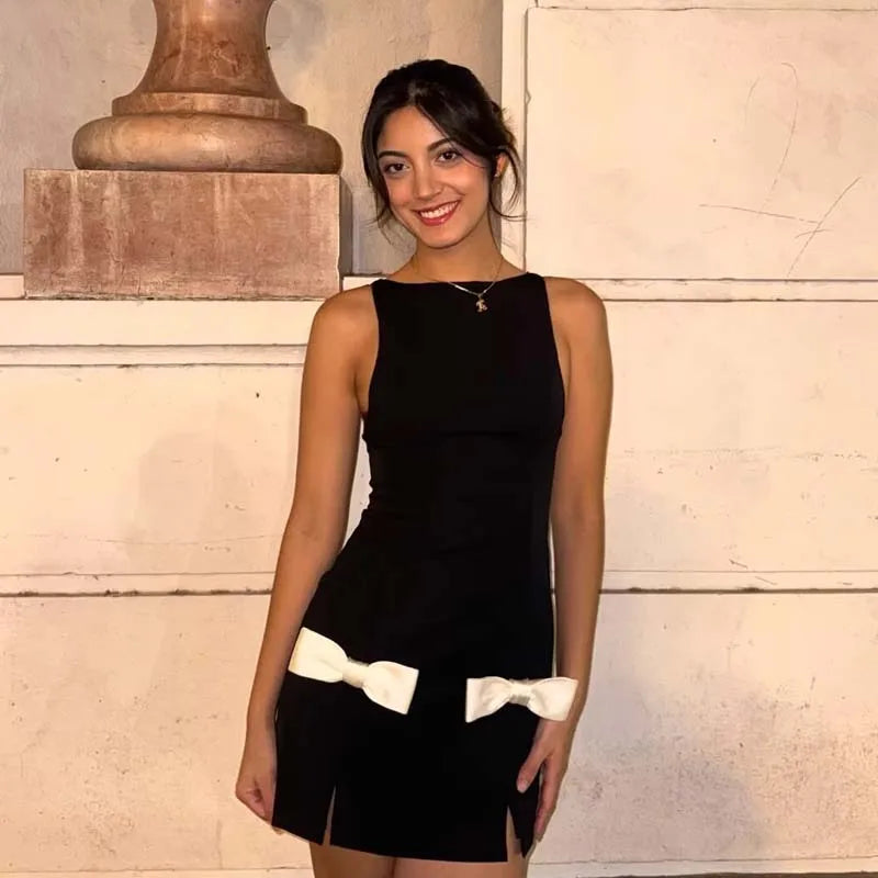 Contrast Bow Black Mini Dresses