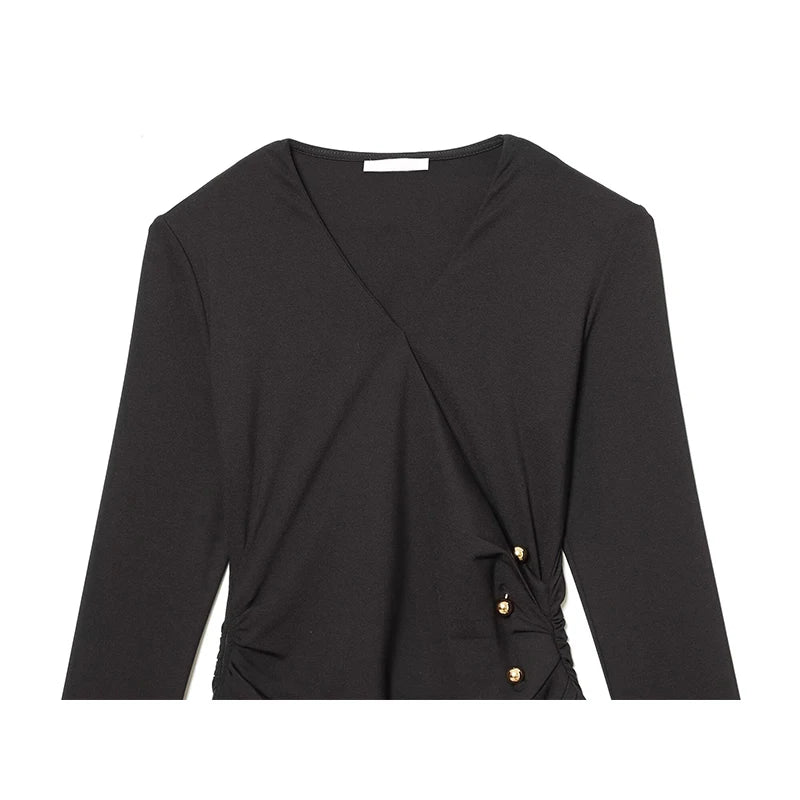 Spring Side Button Draped Pencil Sexy Elegant Dresses Long Sleeve V Neck Black Female Vestidos