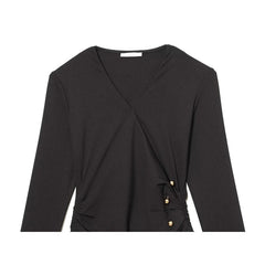 Spring Side Button Draped Pencil Sexy Elegant Dresses Long Sleeve V Neck Black Female Vestidos