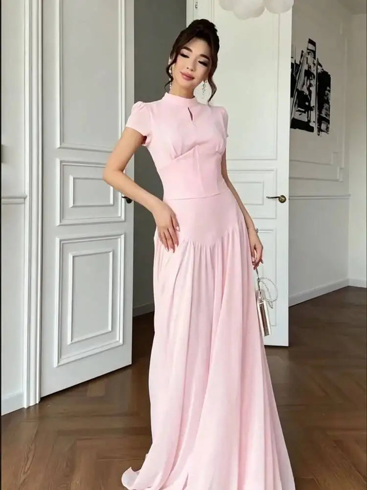 Autumn Stand Up Collar Short Sleeved Waist Cinching Patchwork Dresses