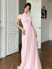 Autumn Stand Up Collar Short Sleeved Waist Cinching Patchwork Dresses