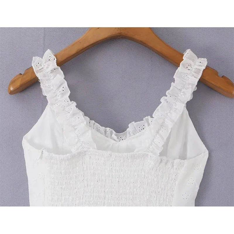 Hollow Out Embroidery White Mini Dresses Ruffle Trim V Neck Sleeveless Casual Summer Vacation Party Dress