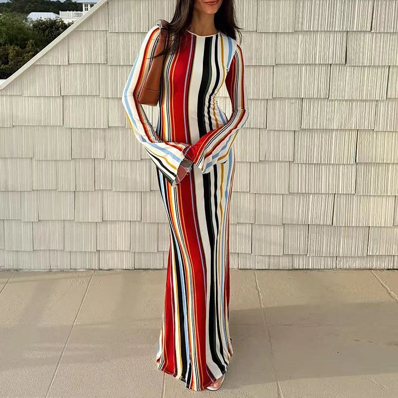 Female O Neck Long Sleeved Hem Party Dresses
