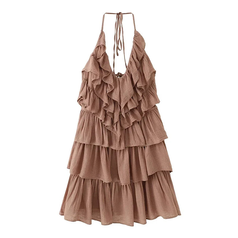 Brown Halter V-Neck Tiered Ruffle Mini Dresses