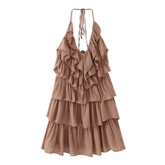 Brown Halter V-Neck Tiered Ruffle Mini Dresses