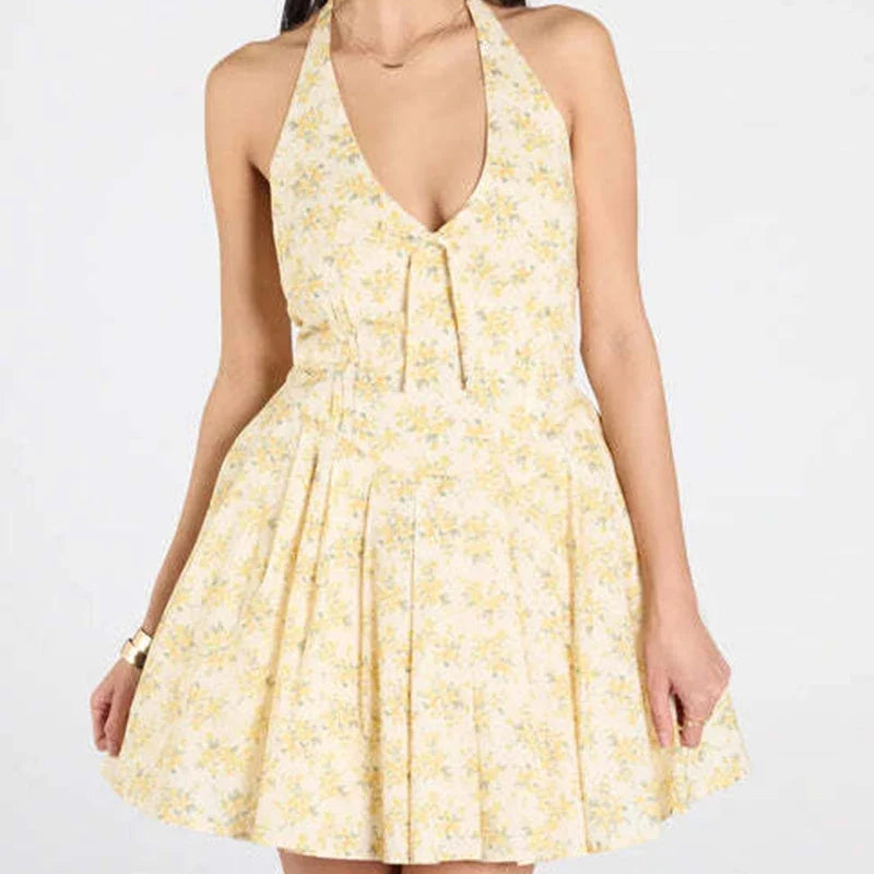Yellow Floral Print Halter Mini Dresses Elegant A-line Summer Backless Dresses