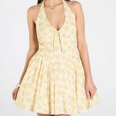 Yellow Floral Print Halter Mini Dresses Elegant A-line Summer Backless Dresses