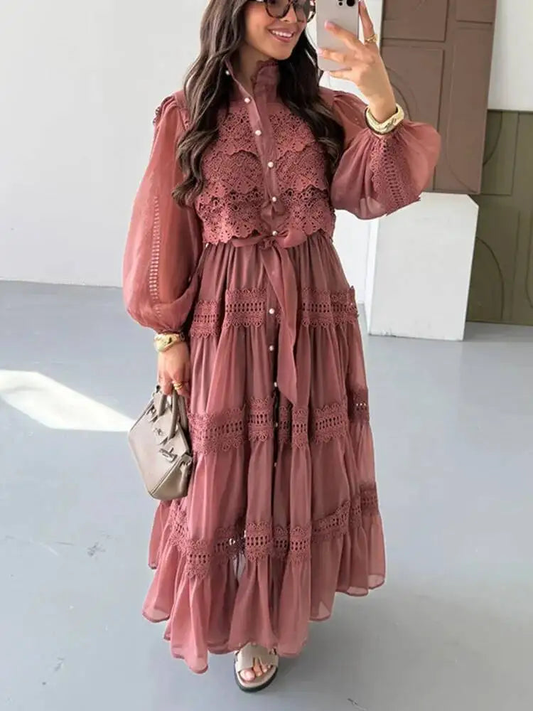 French Style Elegant Court Style Half High Collar Lace Embroidery Hollow Out Trim Long Dress