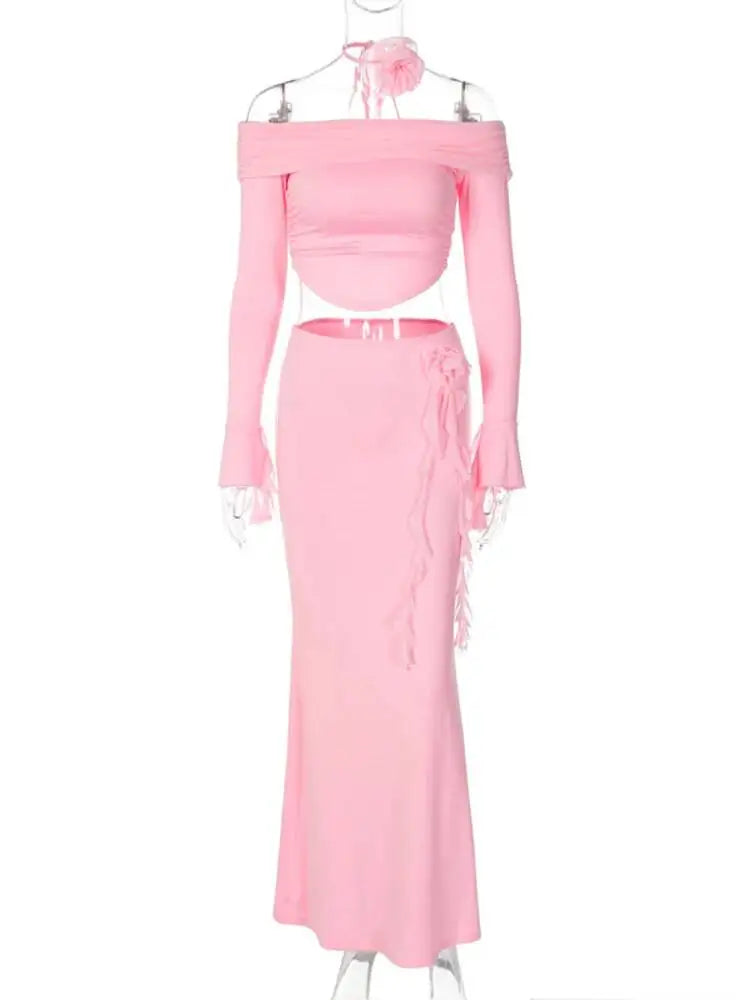 Summer Two-piece Set Sexy Strapless Long-sleeved Top With Irregular Slim-fitting Skirt 19DB2727