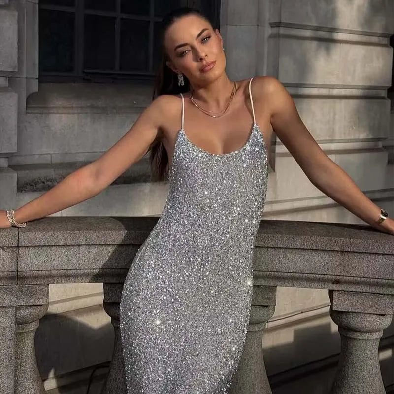 Spaghetti Straps Sequin Long Dresses