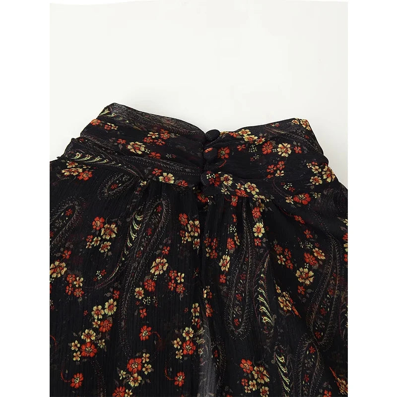 Spring Autumn Long Sleeve High Neck Floral Print Mini Dresses Female Vestidos