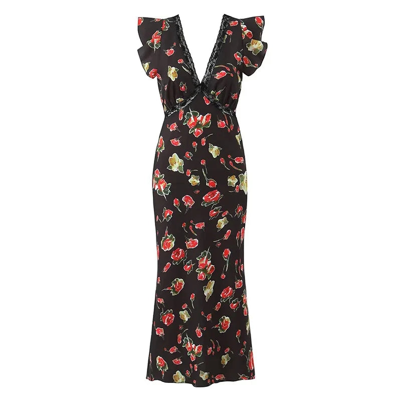 Romantic Lace Trim Floral Print Pencil Sexy Dresses