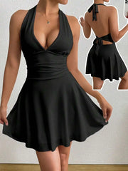 Sexy Halter Backless Tie Waist Pleated Bodycon Dress, Summer Slim Fit V-Neck Dress