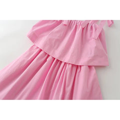 Pink Bow Tie Strap Tiered Midi Dresses