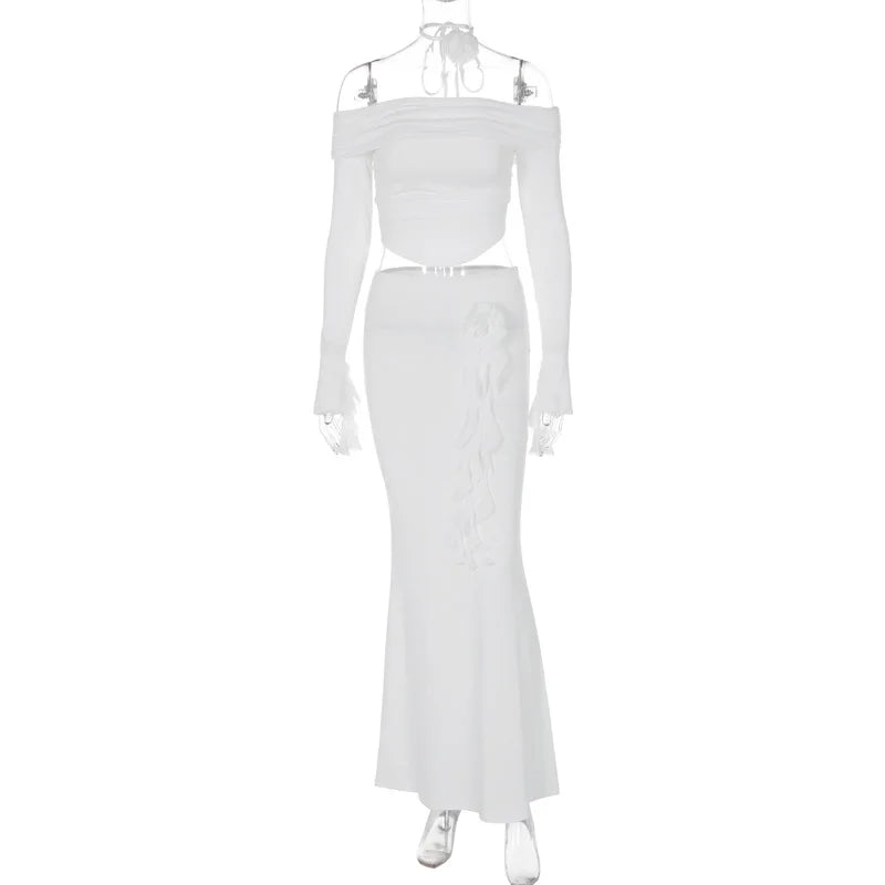 Summer Two-piece Set Sexy Strapless Long-sleeved Top With Irregular Slim-fitting Skirt 19DB2727