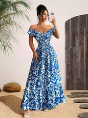 Elegant Charming Long Dress, Lightweight Woven Floral Puff Sleeve Open Back Shirred Waist Slim Dresses