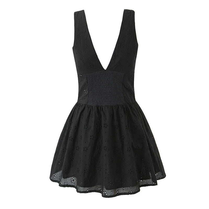 Front Button Sleeveless V Neck Floral Embroidery Black Dresses