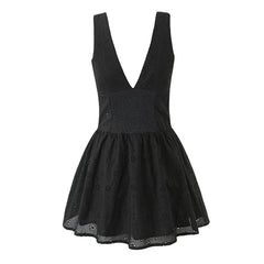 Front Button Sleeveless V Neck Floral Embroidery Black Dresses