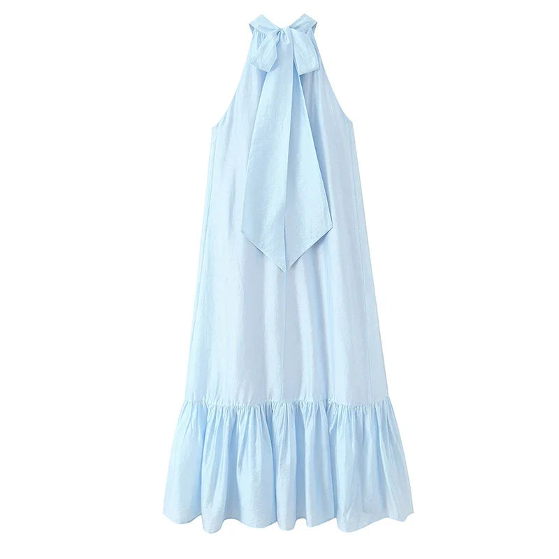Elegant Light Blue Sleeveless Halter Dresses
