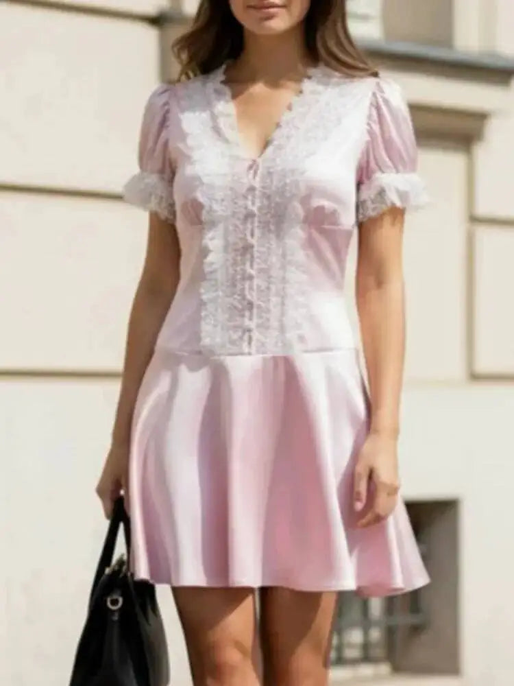 Satin V-neck Bubble Sleeve Lace Patchwork Dresses