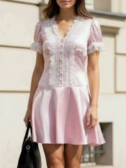 Satin V-neck Bubble Sleeve Lace Patchwork Dresses