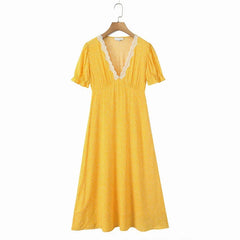 Summer French Style Lace Trim V Neck Polka Dot Dresses