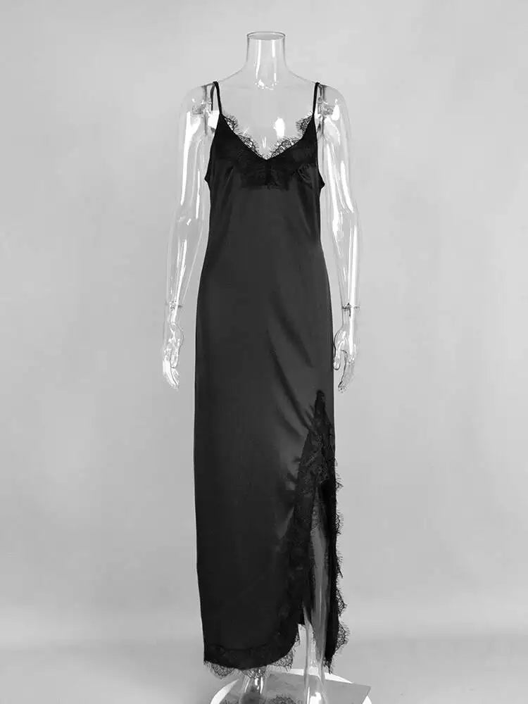 Temperament V-neck Sleeveless Lace Patchwork Slit Dresses