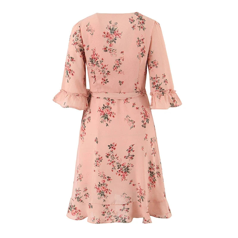 French Style Floral Print Wrap Summer Dresses