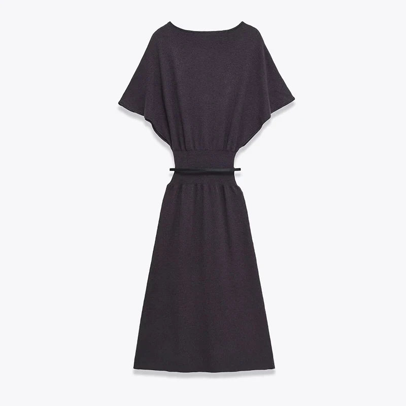 Dark Gray With Belt Knit Long Dresses For Short Sleeve Elastic Waist Elegant Casual Dresses