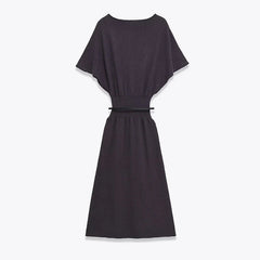 Dark Gray With Belt Knit Long Dresses For Short Sleeve Elastic Waist Elegant Casual Dresses
